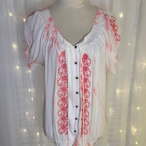 Fever White and Pink Button-Up Blouse